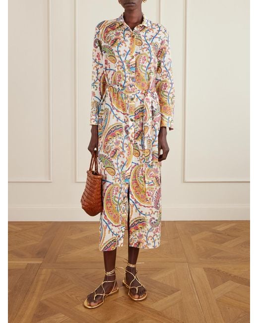 Etro Multicolor Belted Paisley-Print Cotton-Voile Midi Shirt Dress