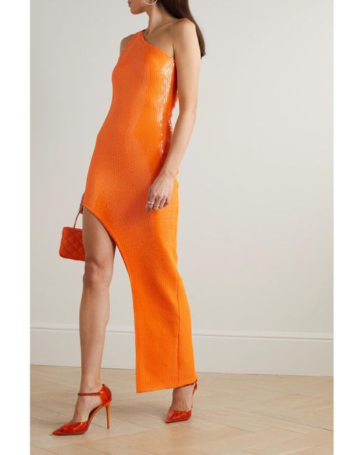 David Koma Orange One-Shoulder Asymmetric Sequined Crepe Midi Dress