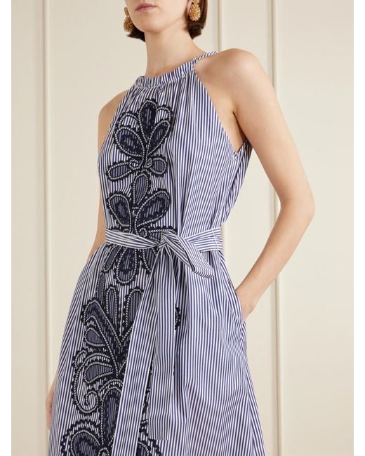 Carolina Herrera Blue Belted Striped Embroidered Cotton-Poplin Halterneck Midi Dress