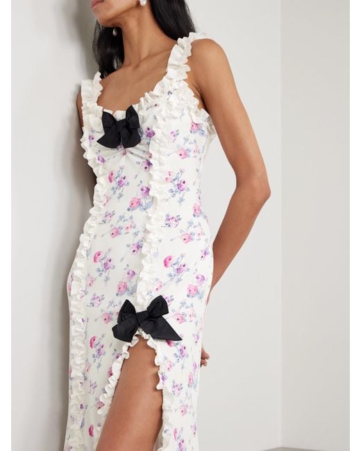 Alessandra Rich White Midikleid Aus Crêpe De Chine Aus Seide Mit Blumenprint, Rüschen Und Schleifen Aus Taft