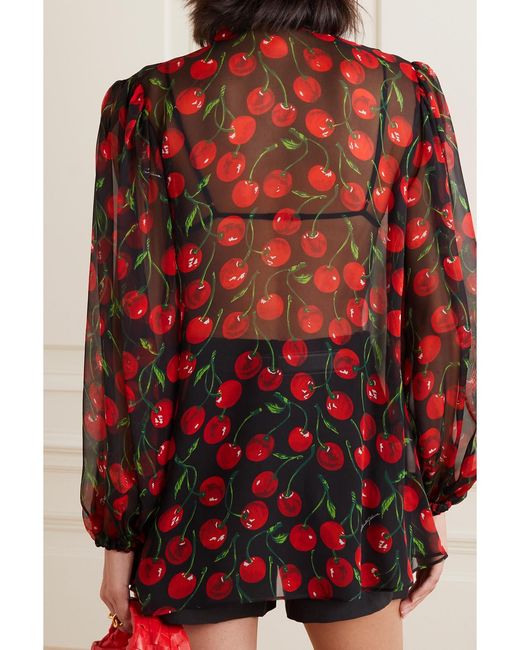 Dolce & Gabbana Red Tie-Neck Printed Silk-Chiffon Blouse