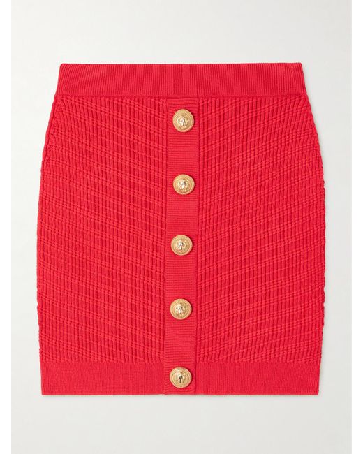 Balmain Red Minirock Aus Rippstrick Mit Zierknöpfen