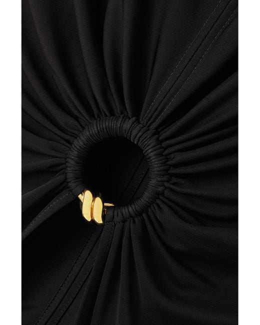 Bottega Veneta Black Cutout Embellished Gathered Satin-Jersey Maxi Dress