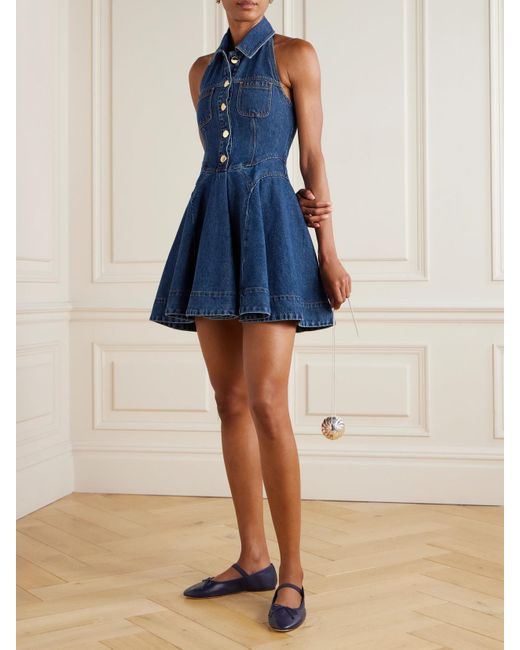 self portrait denim dress self-portrait Bow Mini in Blue Self-Portrait Denim Flared Mini Dress