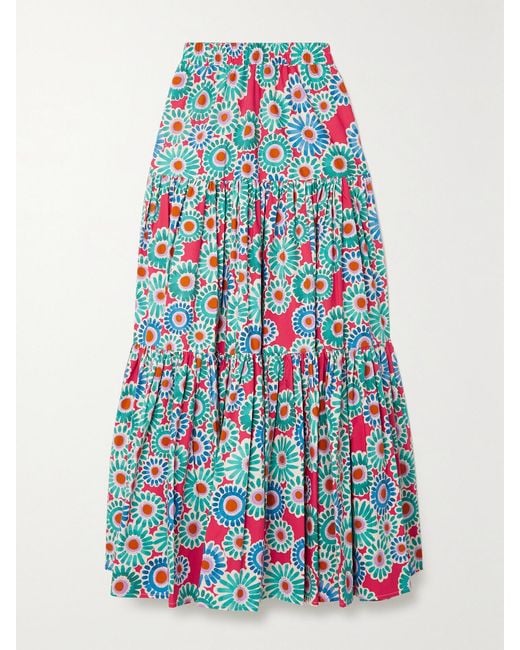 LaDoubleJ White Big Tiered Floral-Print Cotton-Poplin Maxi Skirt