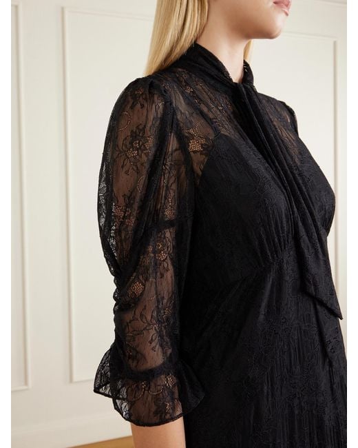 Anna Sui Black Tie-Detailed Ruffled Lace Midi Dress