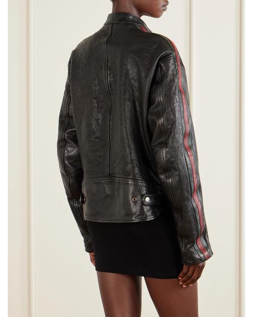Gucci Black Biker Web-Trimmed Full-Grain Leather Jacket