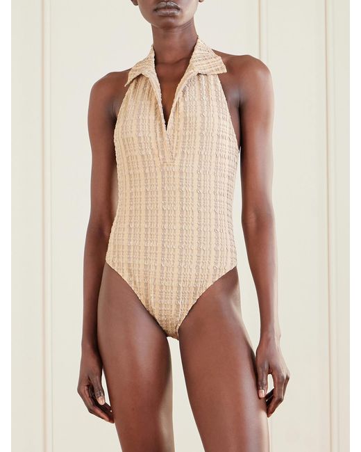 Lisa Marie Fernandez Natural Checked Seersucker Halterneck Swimsuit