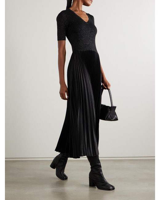 Joseph Black Domat Metallic Merino Wool-Blend And Pleated Satin Dress