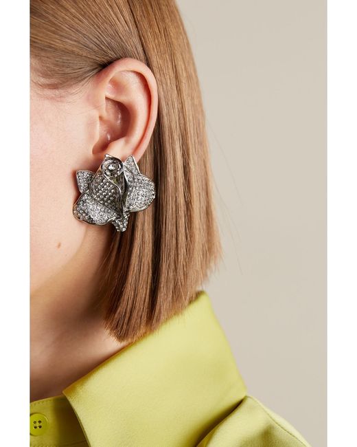 Alessandra Rich Metallic Roses-Tone Crystal Clip Earrings