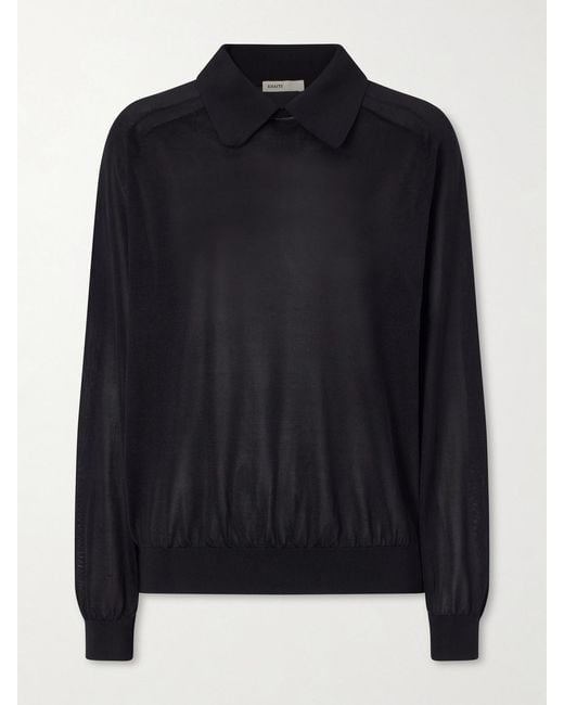 Khaite Black Alexa Silk-Knitted Polo Sweater