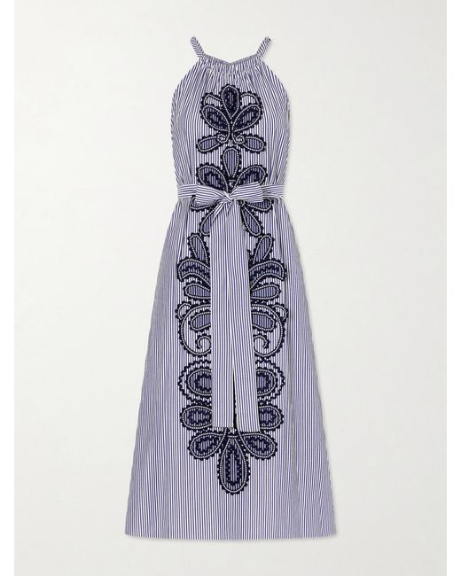 Carolina Herrera Blue Belted Striped Embroidered Cotton-Poplin Halterneck Midi Dress