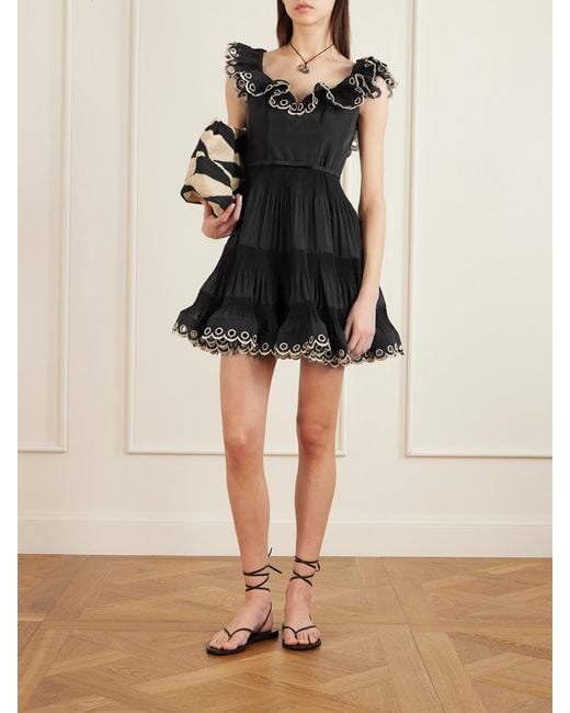 Zimmermann Black Belted Embroidered Ruffled Pleated Organza Mini Dress