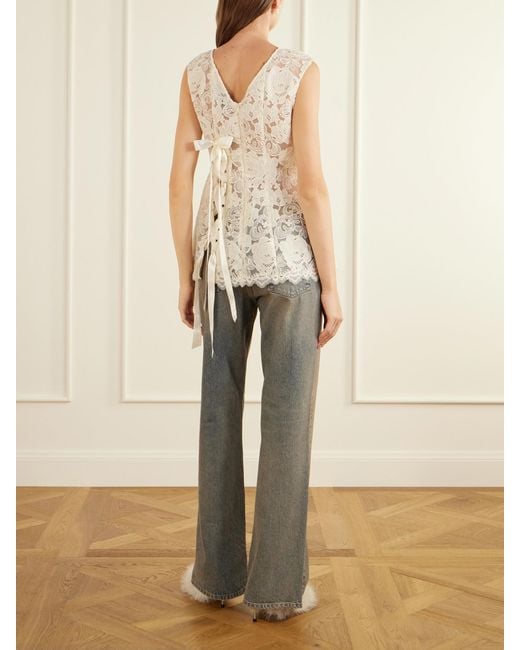 Simone Rocha White Unraveling Ribbon Portrait Bow-Detailed Lace Top