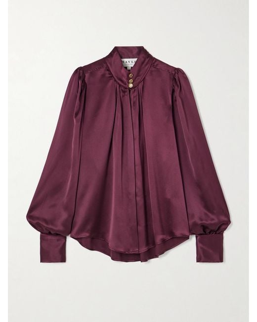 Maison Mayle Purple Val D'Isere Gathered Silk-Charmeuse Blouse