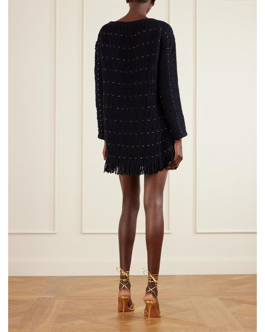 DIOTIMA Blue Notte Fringed Embellished Open-Knit Merino Wool-Blend Mini Dress