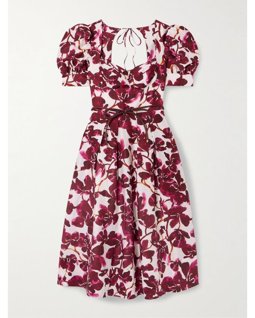 Rebecca Vallance Red Nerissa Midikleid Aus Voile Mit Blumenprint, Lederbesätzen Und Bindegürtel
