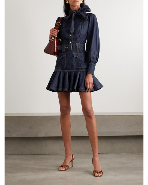 Mini-Robe En Jean À Col Noué, Ceinture Et Volants Zimmermann en coloris Blue