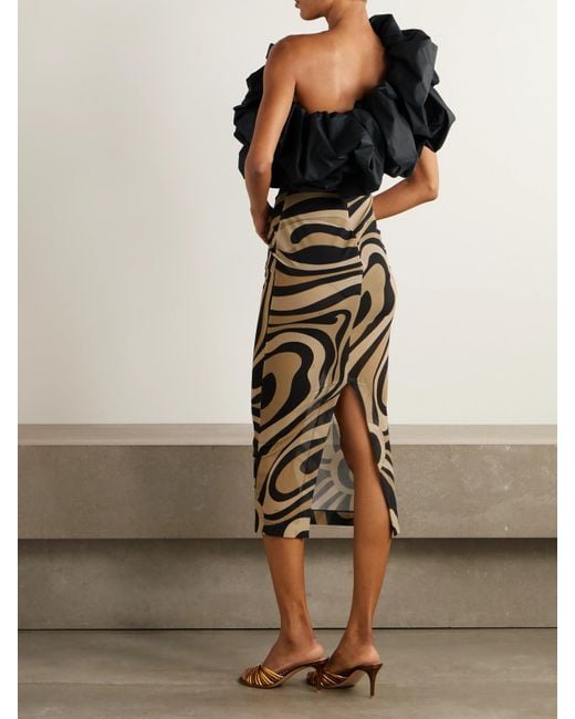 Emilio Pucci Black Marmo One-Shoulder Ruffled Cotton Poplin-Trimmed Printed Mesh Maxi Dress