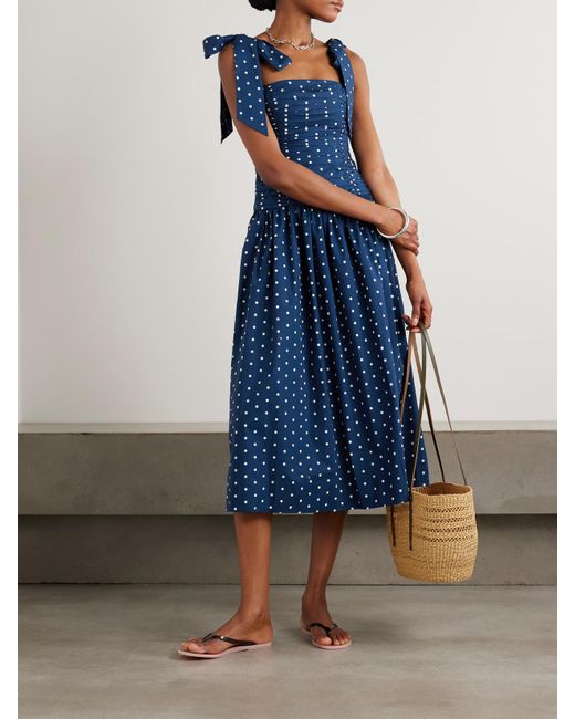 Cara Cara Blue Rahi Tie-Detailed Ruched Gathered Polka-Dot Cotton Midi Dress