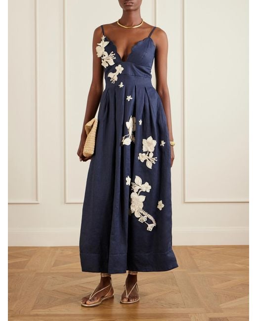 Agua Bendita Blue Sula Cauca Linen-Floral Maxi Dress