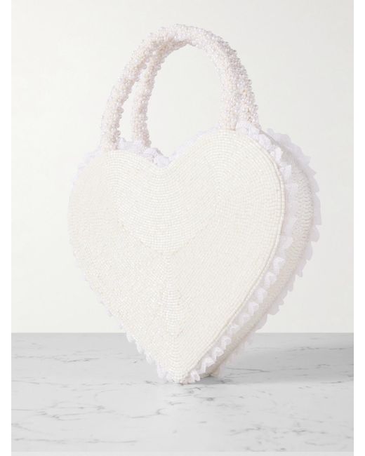 Clio Peppiatt White Til Death Do Us Part Lace-Trimmed Beaded Twill Tote
