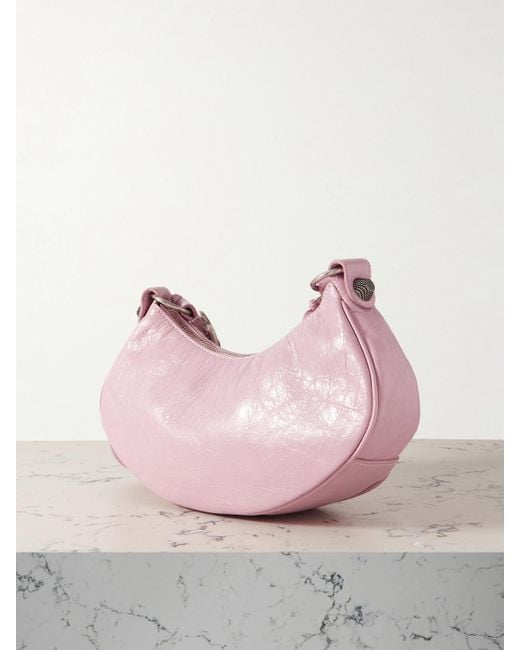 Balenciaga Pink Le Cagole Xs Studded Crinkled-Leather Shoulder Bag