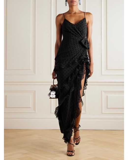 Alessandra Rich Black Ruffled Flocked Silk-Chiffon Gown