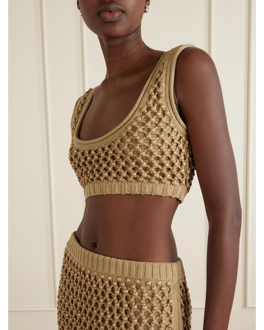 DIOTIMA Natural Lady Embellished Cropped Crocheted Cotton-Blend Top