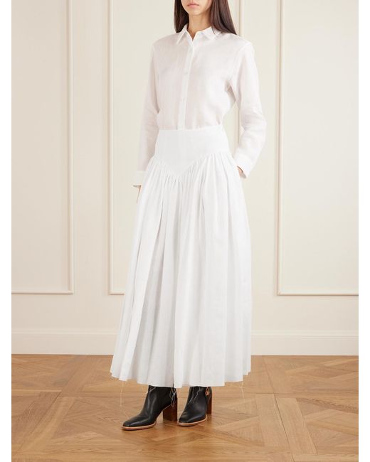 Gabriela Hearst White Juniper Frayed Paneled Linen Midi Skirt