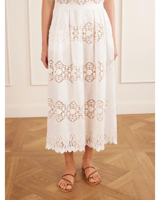 Miguelina White Carissa Embroidered Cotton And Linen-Blend Midi Skirt