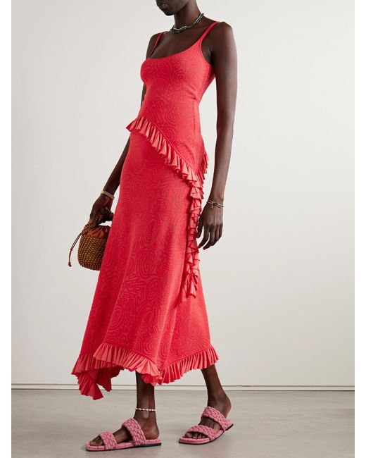Ulla Johnson Red Kendra Asymmetric Ruffled Two-Tone Pointelle-Knit Tank