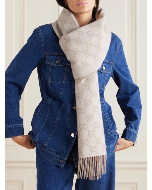 Gucci Natural Fringed Jacquard-Knit Cashmere Scarf