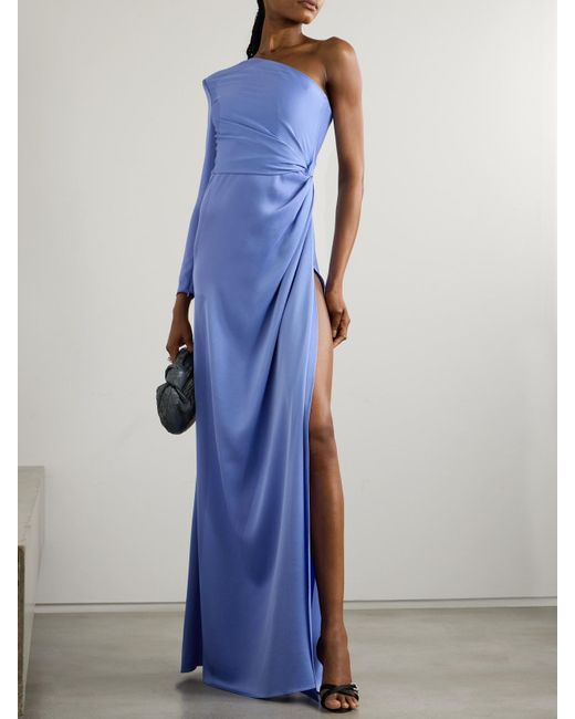 Alex Perry Blue One-Shoulder Gathered Satin-Crepe Gown