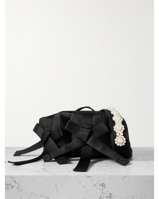 Simone Rocha Black Bow And Pearl-Like Embellished Shell Belt Bag