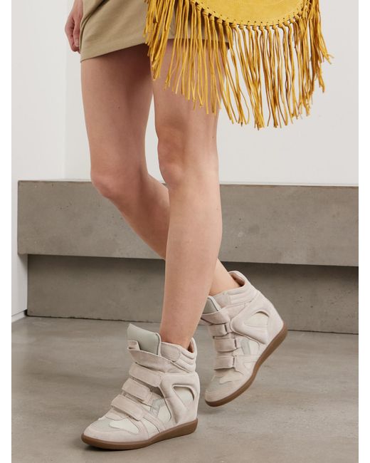 Isabel Marant Natural Bekett Leather-Trimmed Suede High-Top Wedge Sneakers