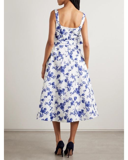 Carolina Herrera Blue Belted Floral-Print Faille Midi Dress