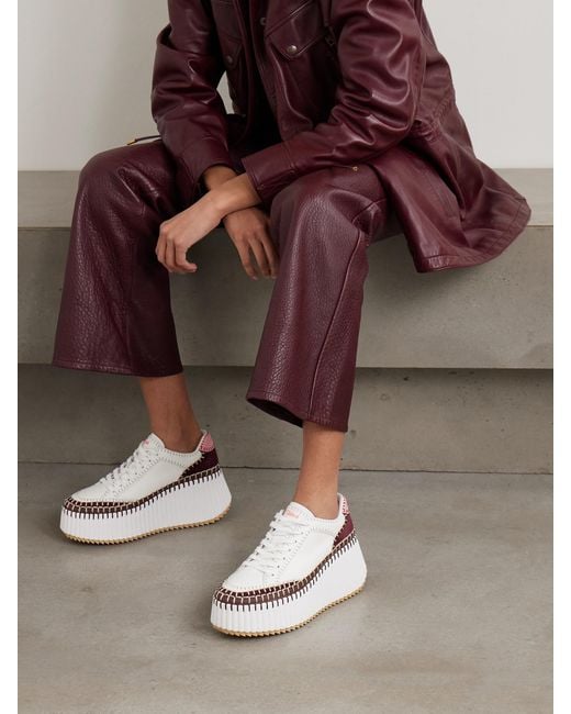 Chloé Nama Embroidered Suede-Trimmed Leather Platform Sneakers