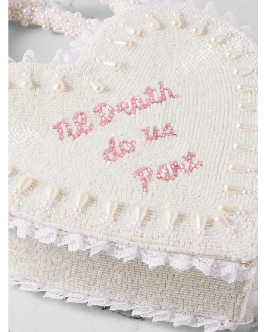 Clio Peppiatt White Til Death Do Us Part Lace-Trimmed Beaded Twill Tote