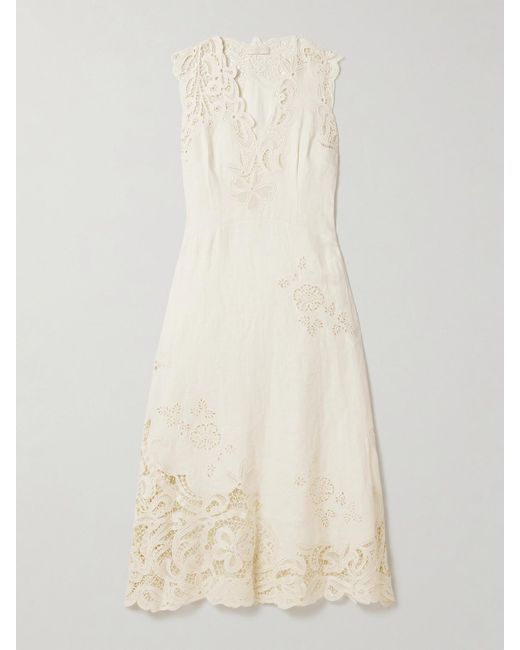Ulla Johnson Natural Olivette Guipure Lace-Trimmed Broderie Anglaise Linen Midi Dress
