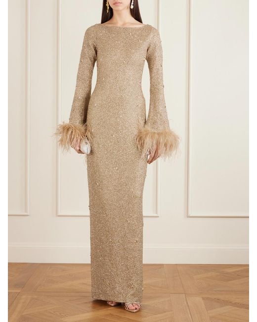 Clio Peppiatt Natural Mae Feather-Trimmed Embellished Beaded Tulle Gown