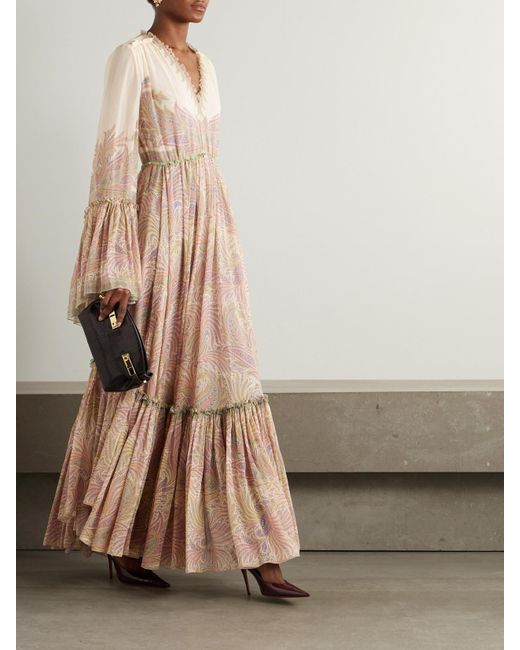 Etro Natural Tiered Ruffled Printed Silk-Crepon Maxi Dress