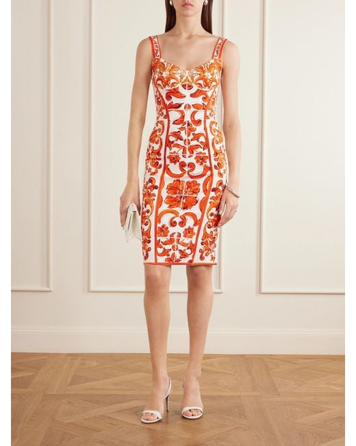 Dolce & Gabbana White Printed Silk-Blend Charmeuse Mini Dress