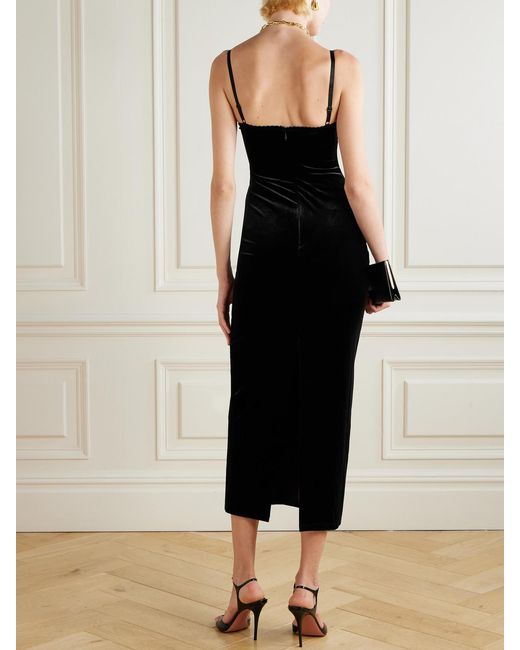 Self-Portrait Black Lace-Trimmed Velvet Midi Dress