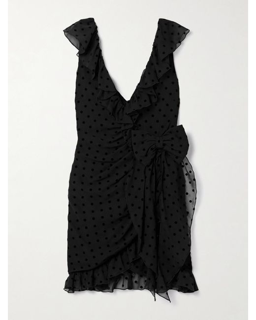 Alessandra Rich Black Bow-Embellished Ruffled Flocked Silk-Chiffon Mini Dress