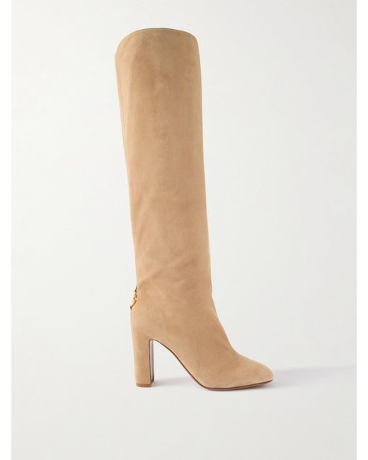 Dolce & Gabbana White Kniehohe Stiefel Aus Veloursleder Mit Verzierung