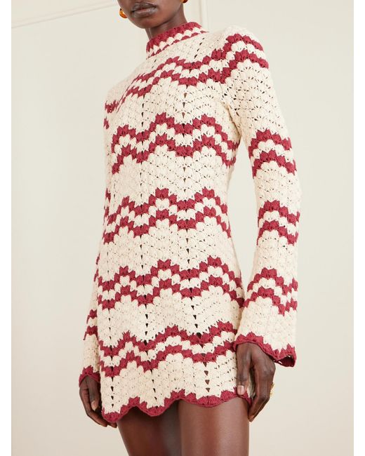 Alix Of Bohemia Pink Romy Scalloped Striped Crocheted Cotton Mini Dress