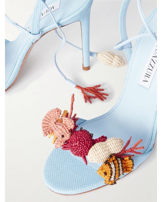 Aquazzura Blue Marea 105 Sandalen Aus Raffiabast Mit Lederbesätzen Und Verzierungen