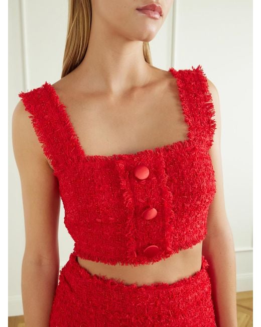 Dolce & Gabbana Red Cropped Frayed Metallic Cotton-Blend Tweed Top