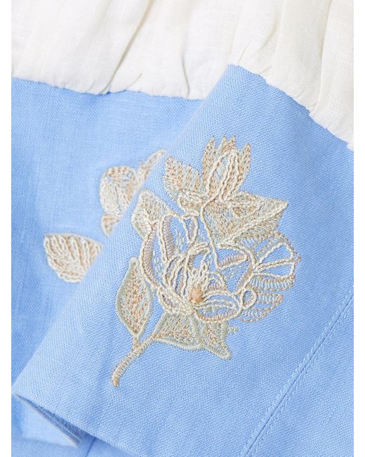 Agua Bendita Blue Pimienta Madera Cropped Off-The-Shoulder Ruffled Embroidered Linen Top